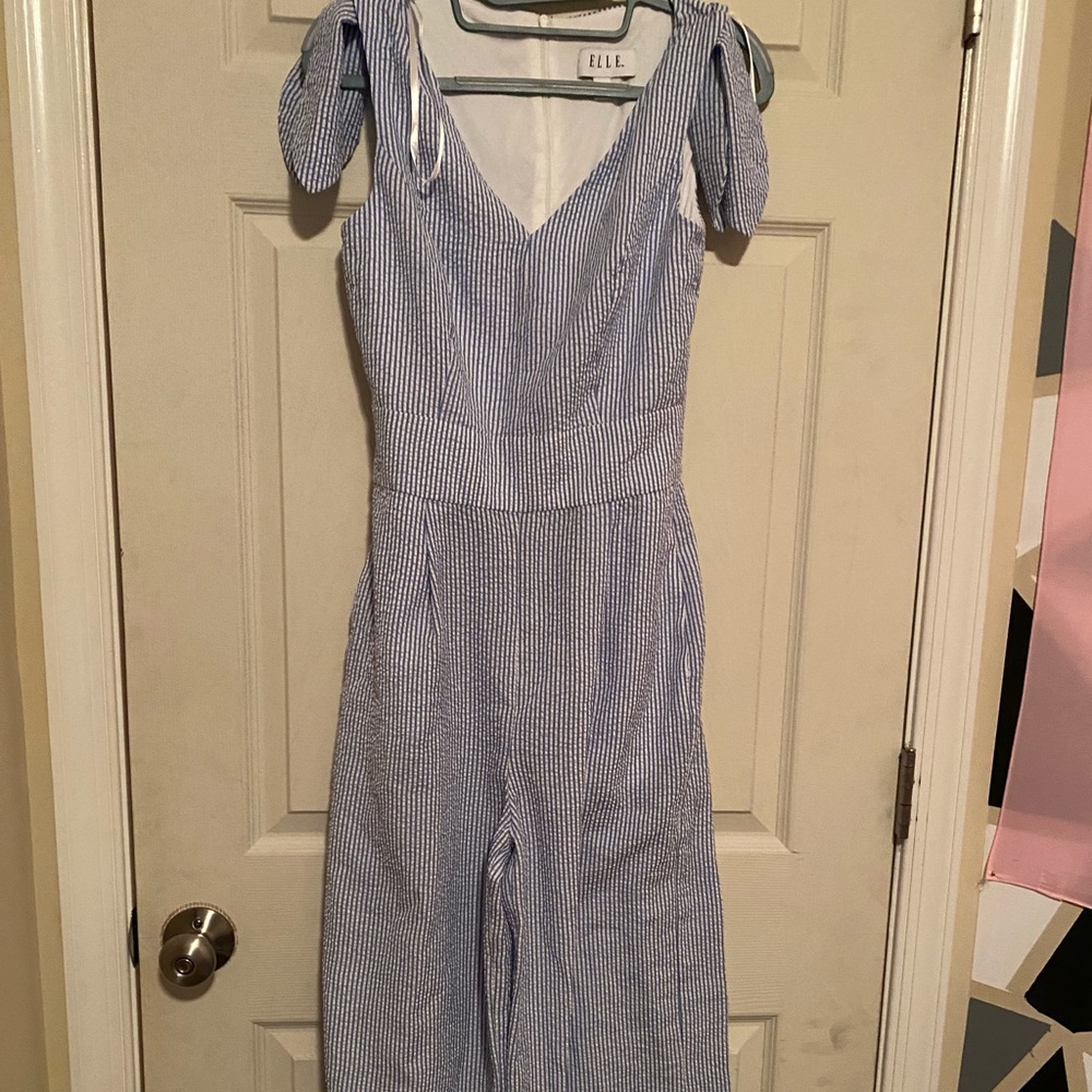 Blue and white striped jumpsuit